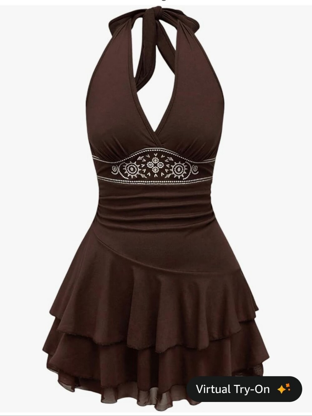Y2K style Micro Mini Brown Halter Ruffle Dress White Embroidery Xs Small
